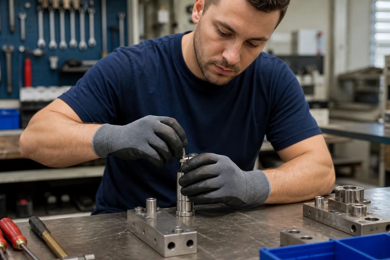 Workshop technician assembling components with coated work gloves
